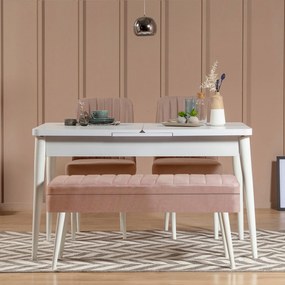Masă de sufragerie extensibilă cu 2 scaune și bancă Vlasta (alb + gri). 1073071