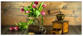 Tablou - lalele, râșniță și cafea (120x50 cm)