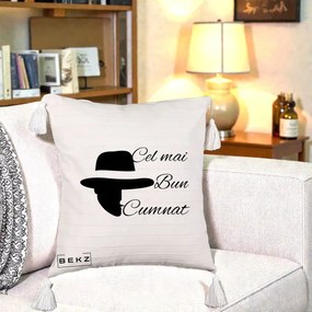 Cadou pentru Cumnat - Perna Personalizata Cel mai Bun Cumnat cu Silueta Palarie, 40x40 cm, Bej cu Franjuri, Husa Detasabila, Perna Inclusa, BEKZ®
