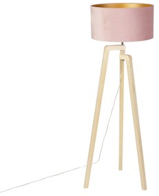 Lampă de podea cu trepied din lemn cu abajur din catifea roz 50 cm - Puros