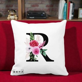Cadou Personalizat - Perna Personalizata Monograma Florala Litera R, 40x40 cm, Alba Mata, Husa Detasabila, Perna Inclusa, BEKZ®
