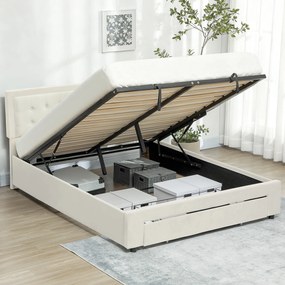 HOMCOM Cadru de pat dublu cu somieră și spațiu de depozitare pe pistoane, sertar pe roți, tăblie reglabilă capitonată efect velur, crem | Aosom Romania