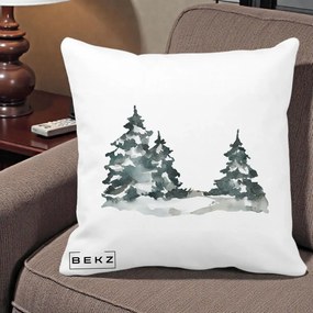 Perna Decorativa Brazi Inzapeziti Acuarela, 40x40 cm, Alba Mata, Husa Detasabila, Perna Inclusa, BEKZ®