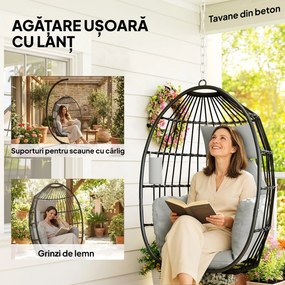Scaun Suspendat Outsunny în Formă de Ou Fără Suport, Pliabil, cu Pernă Moale și Tetieră, Suport Pahar, Capacitate 120 kg, Gri Închis | Aosom Romania