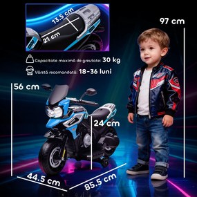 AIYAPLAY Motocicletă Electrică pentru Copii 18-36 Luni, 6V Motocicletă Electrică pentru Copii cu Roți Detașabile, Faruri, Muzică, 2.4 km/h Mini Motocicletă cu Far, Max 30kg, Albastru | Aosom Romania