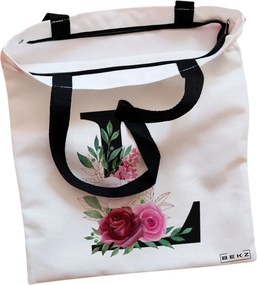 Sacosa de Panza pentru Cumparaturi, Geanta Tote, Cu litera L si Trandafiri, Cu fermoar, 38x34.5 cm, Alba, BEKZ®