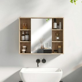 HOMCOM Mobilier de baie cu oglindă, dulap cu ușă și 6 compartimente deschise, 60 x 14,5 x 49,4 cm, lemn natural | Aosom Romania