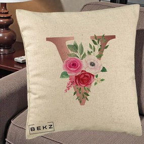 Cadou Personalizat - Perna Personalizata Monograma Rose Gold Litera V, 40x40 cm, Bej, Husa Detasabila, Perna Inclusa, BEKZ®