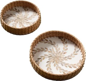Tăvi decorative rotunde din trestie și rășină, set 2 bucăți, albe, cu frunze din lemn încrustate, 5 x 32 cm, „Feuillage”