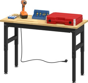 HOMCOM Masă de Lucru Reglabilă 122 cm, Blat Robust din Lemn de Cauciuc, 2 Prize AC și 2 Porturi USB, Panou Perforat, Capacitate 900 kg, pentru Garaj, Atelier și Casă | Aosom Romania