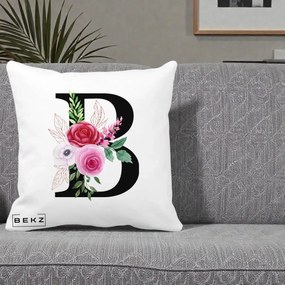Cadou Personalizat - Perna Personalizata Monograma Florala Litera B, 40x40 cm, Alba Mata, Husa Detasabila, Perna Inclusa, BEKZ®
