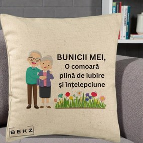 Cadou pentru Bunici - Perna Personalizata Bunicii Mei Comoara Cuplu Senior cu Flori Colorat, 40x40 cm, Bej, Husa Detasabila, Perna Inclusa, BEKZ®