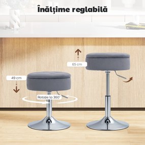 HOMCOM Round Bar Stool, Height Adjustable Swivel Pub Chair with Storage and Metal Base, Backless Tufted Makeup Stool for Breakfast Counter, Kitchen Island, Bedroom, Living Room, Grey | Aosom Romania