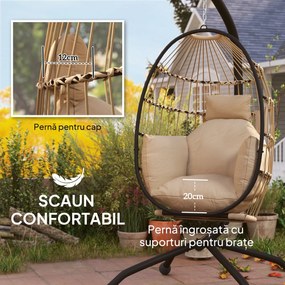 Outsunny Fotoliu Suspendat Tip Ou cu Lanț Reglabil, 2 Perne Detașabile și Suport pentru Pahare, Scaun Balansoar Pliabil pentru Grădină, Bază în X din Oțel, pentru Interior și Exterior, 120x88x192 cm, Bej | Aosom Romania