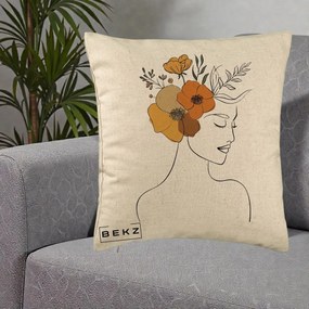 Perna Decorativa Portret Feminin Flori Galbene-Portocalii, 40x40 cm, Bej, Husa Detasabila, Perna Inclusa, BEKZ®