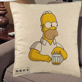 Perna Personalizata Homer Simpson cu Bere, 40x40 cm, Bej, Husa Detasabila, Perna Inclusa, BEKZ®