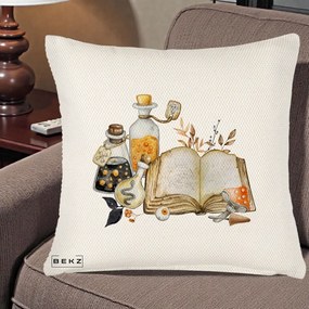 Perna Decorativa Grimoire Vrajitoare si Filtre Magice Halloween, 40x40 cm, Crem Reliefat, Husa Detasabila, Perna Inclusa, BEKZ®