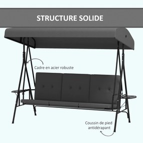 Outsunny Balansoar de grădină 3 locuri, confort sporit, acoperiș reglabil, 2 tăvi laterale, perne, oțel/poliester | Aosom Romania