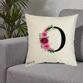 Cadou Personalizat - Perna Personalizata Monograma Florala Litera O, 40x40 cm, Ecru, Husa Detasabila, Perna Inclusa, BEKZ®