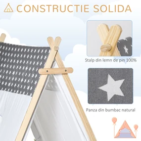 HOMCOM Cort Teepee Indian pentru Copii 3-6 Ani, Spațiu de Joacă Interior/Exterior cu Ușă și Fereastră, 130x111x136cm, Gri și Alb | Aosom Romania