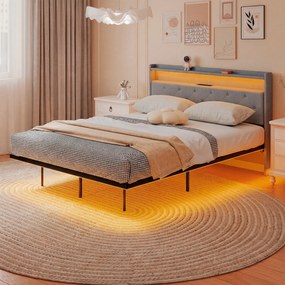 HOMCOM Cadru de pat 140 x 190 cm cu somieră din oțel, pat dublu plutitor cu lumini LED RGB și stație de încărcare, gri | Aosom Romania