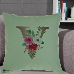 Cadou Personalizat - Perna Personalizata Monograma Rose Gold Litera V, 40x40 cm, Verde, Husa Detasabila, Perna Inclusa, BEKZ®