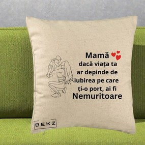 Cadou pentru Mama - Perna Personalizata Mama Nemuritoare Portret Graphic, 40x40 cm, Bej, Husa Detasabila, Perna Inclusa, BEKZ®