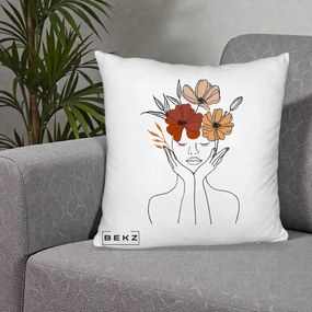 Perna Decorativa Portret Feminin Coroana Trei Flori, 40x40 cm, Alb Pufos, Husa Detasabila, Perna Inclusa, BEKZ®
