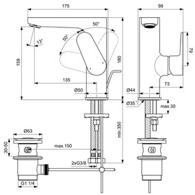 Baterie lavoar Ideal Standard Ceraline, 3/8'', marimea L, monocomanda, evacuare cu tija, negru mat - BC703XG