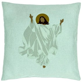 Perna Decorativa cu tematica de Craciun, Isus Hristos, 40x40 cm, Verde Menta, Husa Detasabila, Burduf