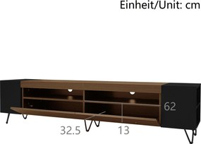 Dulap TV cu aspect de lemn, 2 compartimente deschise, rafturi laterale, 180x36x43 cm, Negru + Culoare naturală