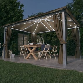 vidaXL Pavilion cu perdele&amp;șiruri lumini LED gri taupe 4x3m aluminiu