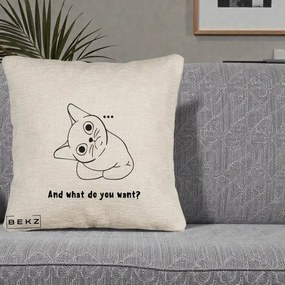 Perna Decorativa And What Do You Want Cat, 40x40 cm, Bej Canapea, Husa Detasabila, Perna Inclusa, BEKZ®
