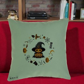 Perna Decorativa Halloween Dovleac Vrajitor Boo cu Simboluri, 40x40 cm, Verde, Husa Detasabila, Perna Inclusa, BEKZ®