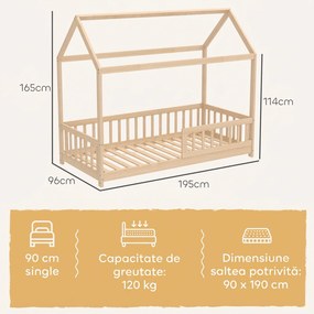 HOMCOM Pat pentru Copii din Lemn de Pin, 96x195x165 cm, Culoare Lemn | Aosom Romania