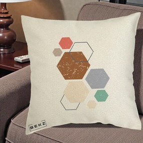 Perna Decorativa Geometric Hexagoane Multicolor, 40x40 cm, Ecru, Husa Detasabila, Perna Inclusa, BEKZ®