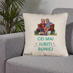 Cadou pentru Bunici - Perna Personalizata Cei Mai Iubiti Bunici Cuplu pe Banca Ilustratie, 40x40 cm, Bej Canapea, Husa Detasabila, Perna Inclusa, BEKZ®