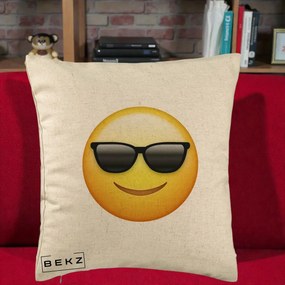 Perna Decorativa Emoji Cool Ochelari, 40x40 cm, Bej, Husa Detasabila, Perna Inclusa, BEKZ®
