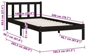 Cadru de pat, negru, 100x200 cm, lemn masiv de pin Negru, 100 x 200 cm