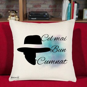 Cadou pentru Cumnat - Perna Personalizata Cel mai Bun Cumnat cu Silueta Palarie si Pete Teal-Roz, 40x40 cm, Crem Reliefat, Husa Detasabila, Perna Inclusa, BEKZ®