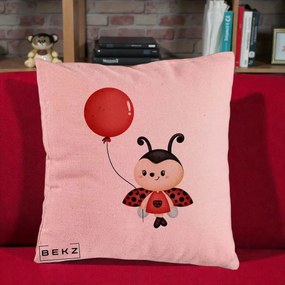 Perna Decorativa Buburuza cu Balon Rosu, 40x40 cm, Roz, Husa Detasabila, Perna Inclusa, BEKZ®