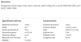 Lustra suspendata lemn cu 4 pendule stil minimalist AUSTON
