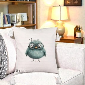 Perna Decorativa Pui Teal cu Ochelari Rotunzi, 40x40 cm, Bej cu Franjuri, Husa Detasabila, Perna Inclusa, BEKZ®