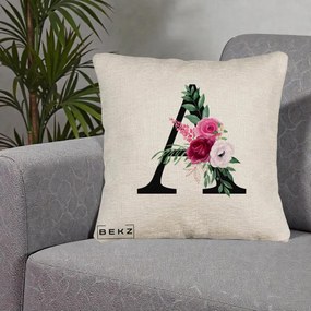 Cadou Personalizat - Perna Personalizata Monograma Florala Litera A, 40x40 cm, Bej Canapea, Husa Detasabila, Perna Inclusa, BEKZ®