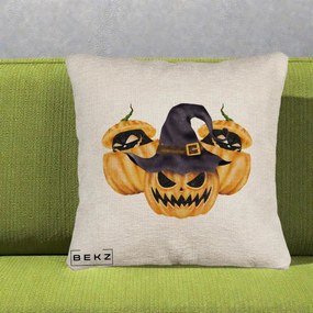Perna Decorativa Trio Dovleci Jack-o-Lantern cu Palarie Vrajitoare, 40x40 cm, Bej Canapea, Husa Detasabila, Perna Inclusa, BEKZ®