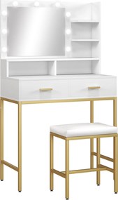 HOMCOM Masă de Machiaj cu Oglindă LED, Scaun și Rafturi, 80x40x138 cm, Alb | Aosom Romania