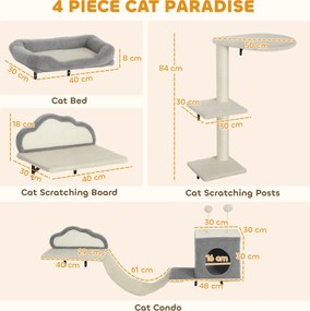 PawHut Set copac de zgâriere montat pe perete, suprafețe de zgâriere din sisal, 4 piese, pentru 1-3 pisici, Bej | Aosom Romania