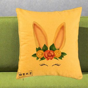 Perna Decorativa Iepuras Flori Urechi Pastelui, 40x40 cm, Galben, Husa Detasabila, Perna Inclusa, BEKZ®