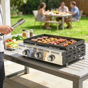 Outsunny Plancha pe gaz 9 kW 3 arzătoare din oțel inoxidabil, suprafață de gătit 56,5 x 33 cm, tavă de colectare a grăsimilor, negru | Aosom Romania