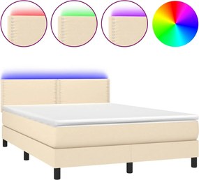 vidaXL Pat cu arcuri, saltea și LED, crem, 140x190 cm, textil